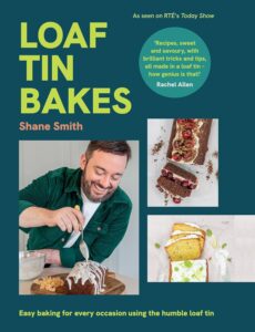 Book cover for 'Loaf Tin Bakes' showing a man decorating a loaf cake with two additional cake photos on the right.