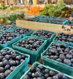 Blueberries in green cartons displayed at a farmers market stand with produce in the background.