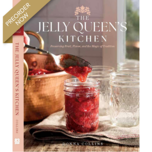 Book cover for The Jelly Queen's Kitchen by Donna Collins; a jar of red jam is being spooned with glass jars in the background and a preorder banner present.