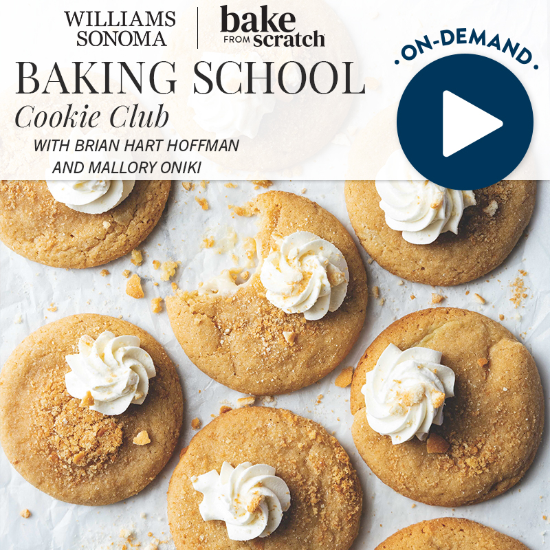 Promotional banner for Williams-Sonoma Bake from Scratch Baking School Cookie Club, featuring cookies topped with cream and an On-Demand play button.