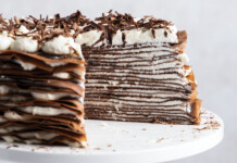 Chocolate Crêpe Cake with Mascarpone Whipped Cream Slice of multi-layer chocolate cake with cream filling and chocolate shavings on a white cake stand