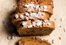 Pumpkin Date Loaf Sliced nutty loaf cake with walnuts and a light dusting of powdered sugar on parchment