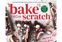 Shop the Issue: November/December 2026 Magazine cover for Bake From Scratch featuring chocolate peppermint bark bars with crushed candy canes and a festive red headline 'merry starts here'.