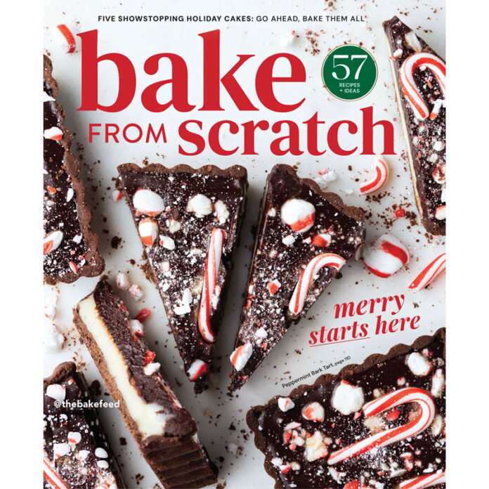 800x800BAKE_CV1 Magazine cover for Bake From Scratch featuring chocolate peppermint bark bars with crushed candy canes and a festive red headline 'merry starts here'.